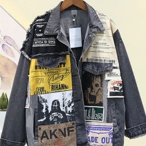 NWT Vintage Full Sleeve Appliqués Newspaper Pattern Black Denim Jacket